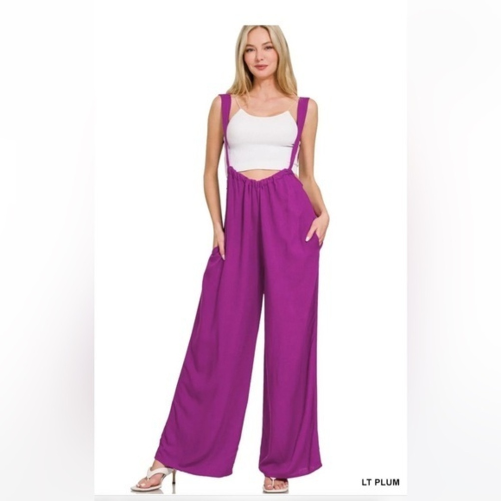 Zenana Outfitters Light Plum Suspender Wide-Leg Jumpsuit